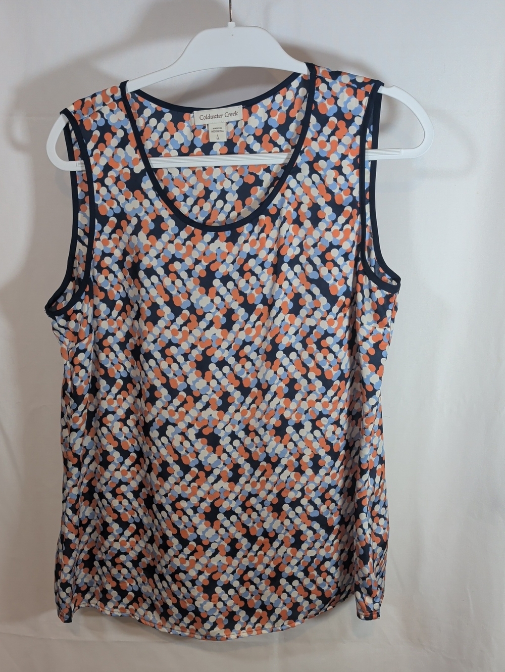 Coldwater Creek Navy Coral and Light Blue Dot Print Sleeveless Top
